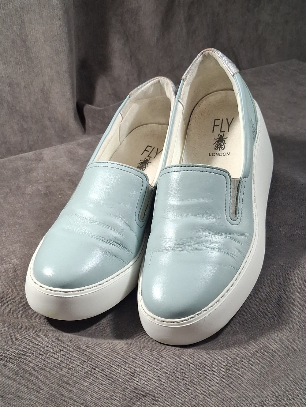 Fly London Deca Light Blue Leather with Silver Wedge Sneakers G- EU 38 US 7.5-8